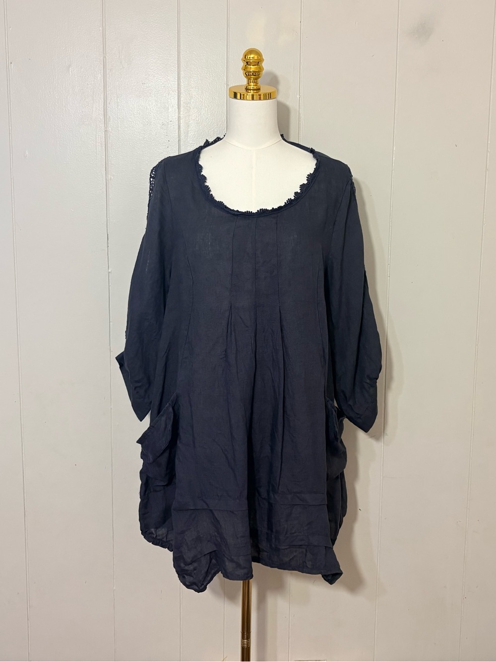 Piazza Roma 100% Linen Oversized Tunic Dress Navy Blue Lagenlook Boho Size S